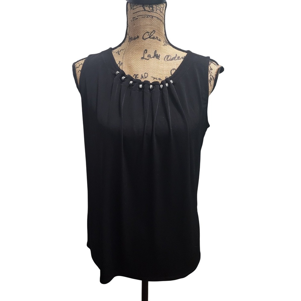 Chicos Easywear Black Sleeveless Tank Top Embellished Neckline Elegant